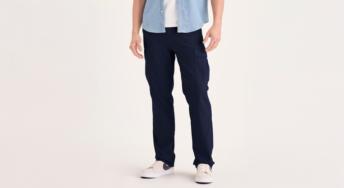 Front view of model wearing Navy Blazer Utility Cargo Pant, Straight Fit.