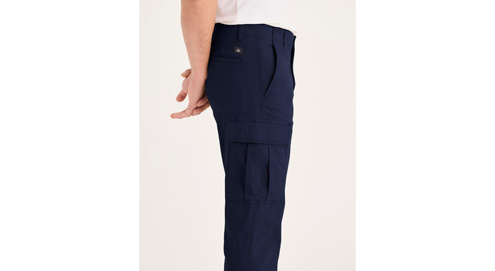 Side view of model wearing Navy Blazer Utility Cargo Pant, Straight Fit.
