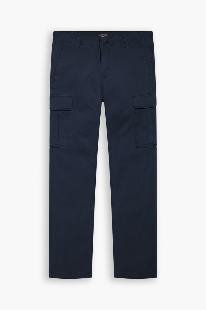 View of model wearing Navy Blazer Utility Cargo Pant, Straight Fit.