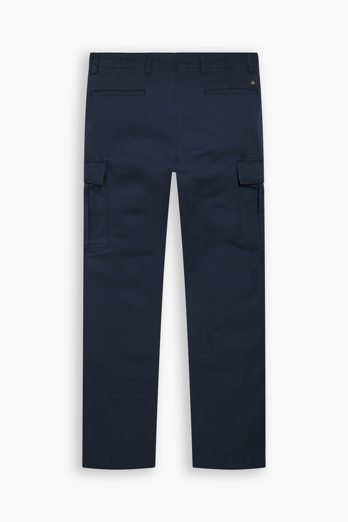 View of model wearing Navy Blazer Utility Cargo Pant, Straight Fit.