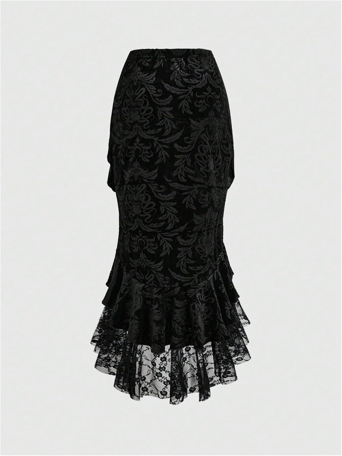 Verdusa Women's Goth Gothic Lace Fishtail Skirts Ruffle Vampire Bodycon Long Skirt