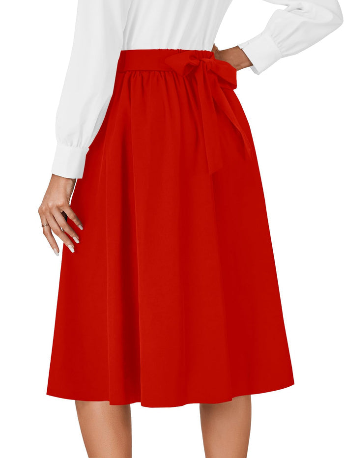 Vrtige Women's Vintage Skirt High Waist Pleated Tie Back Flared A Line Midi Skirt