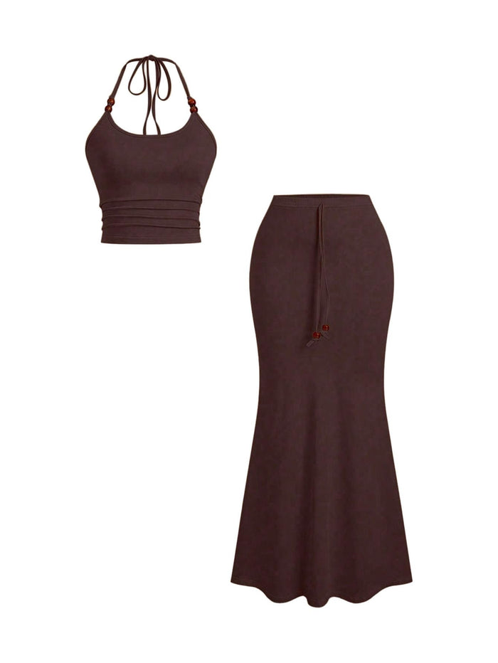 WDIRARA Womens 2 Piece Halter Top Maxi Fishtail Skirt Set Beaded Tie Summer Outfit