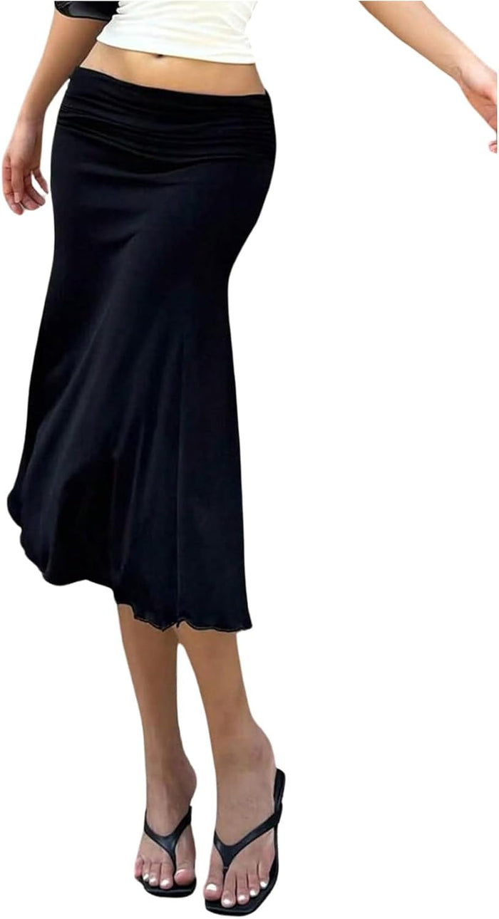 WDIRARA Women's Fishtail Midi Skirt Ruched Low Rise Bodycon Skirts