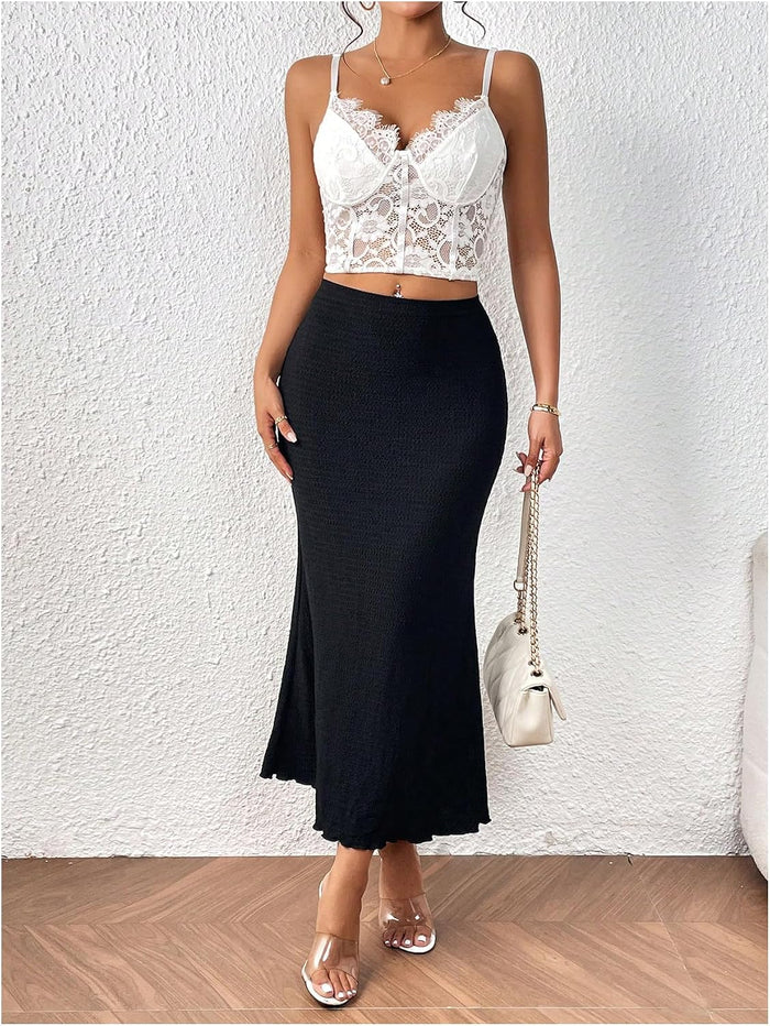 WDIRARA Women's High Waisted Fishtail Skirt Textured Ruffle Bodycon Long Skirts