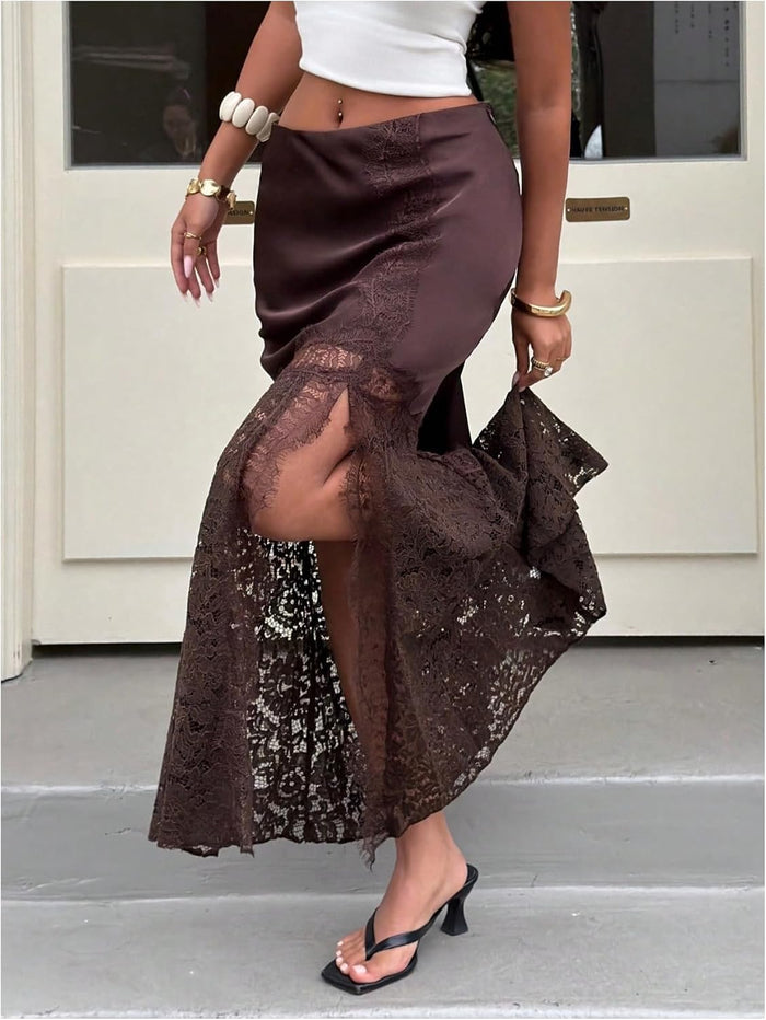 WDIRARA Women's Lace Satin Maxi Skirt High Slit Bodycon Fishtail Long Skirts