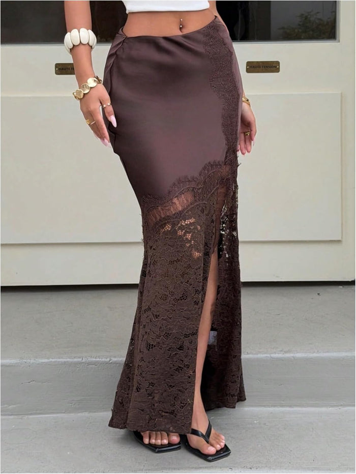 WDIRARA Women's Lace Satin Maxi Skirt High Slit Bodycon Fishtail Long Skirts