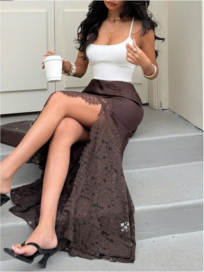 WDIRARA Women's Lace Satin Maxi Skirt High Slit Bodycon Fishtail Long Skirts