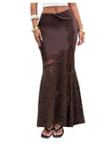 WDIRARA Women's Lace Satin Maxi Skirt High Slit Bodycon Fishtail Long Skirts
