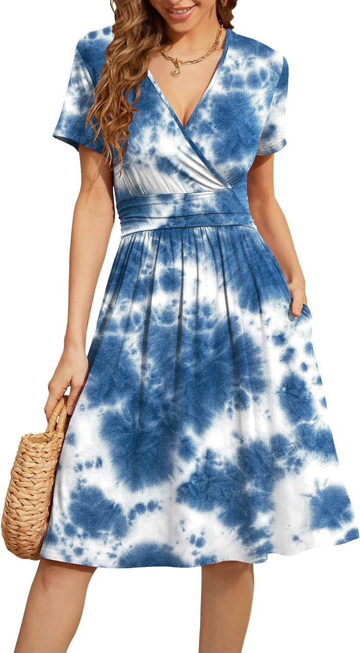 WEACZZY Women's Summer Short Sleeve Casual Dresses V-Neck Floral Party Dress with Pockets