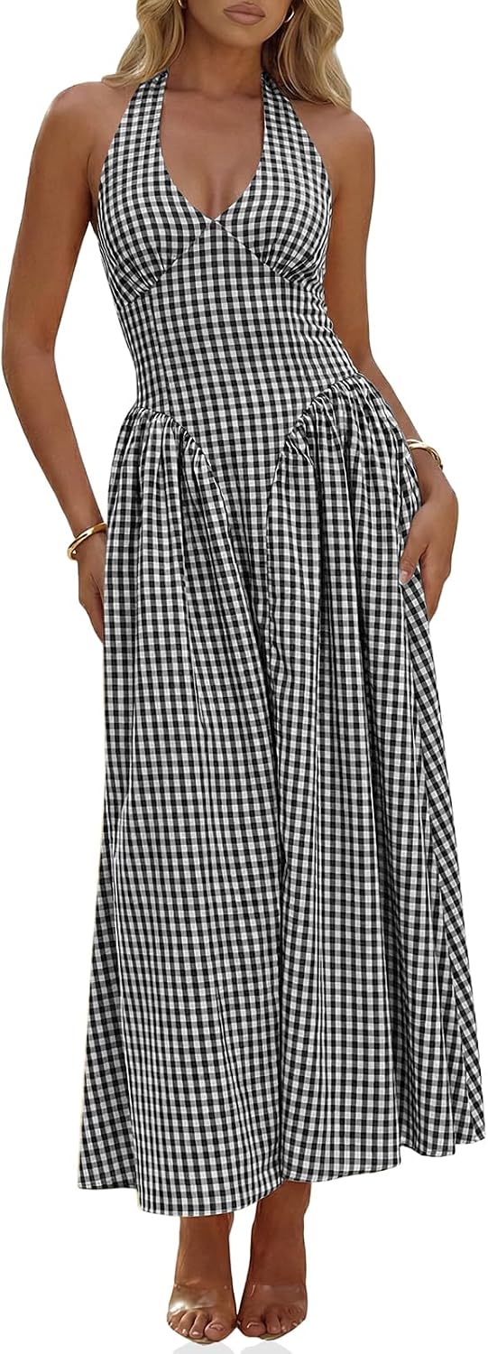 Wenrine Womens Halter V Neck Corset Maxi Dresses Summer Plaid Smocked Dress