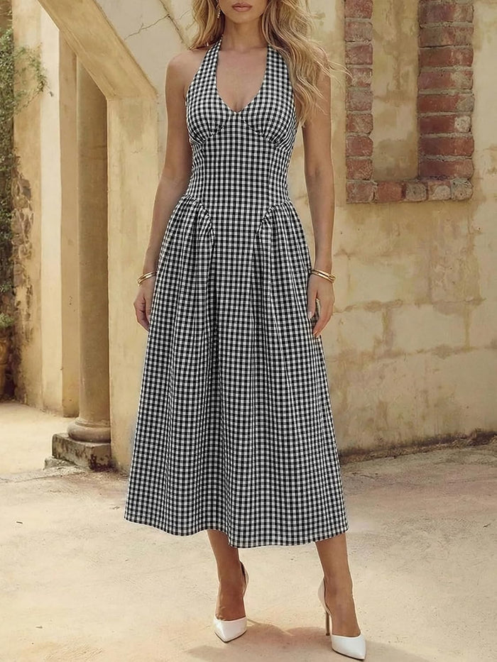 Wenrine Womens Halter V Neck Corset Maxi Dresses Summer Plaid Smocked Dress