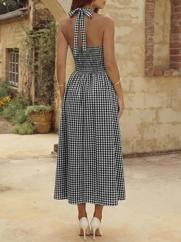 Wenrine Womens Halter V Neck Corset Maxi Dresses Summer Plaid Smocked Dress