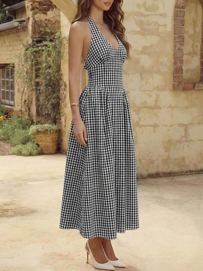 Wenrine Womens Halter V Neck Corset Maxi Dresses Summer Plaid Smocked Dress