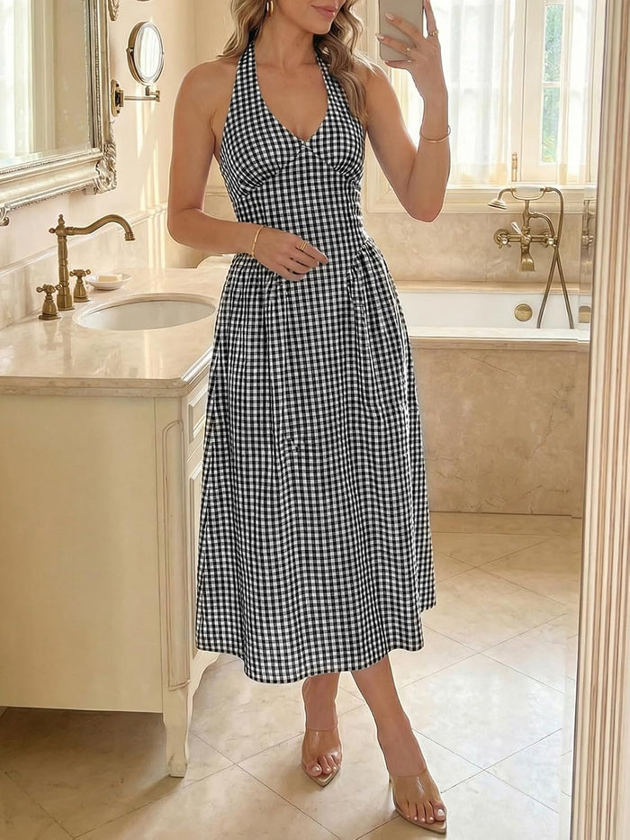 Wenrine Womens Halter V Neck Corset Maxi Dresses Summer Plaid Smocked Dress