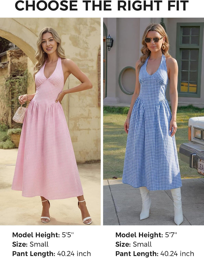 Wenrine Womens Halter V Neck Corset Maxi Dresses Summer Plaid Smocked Dress