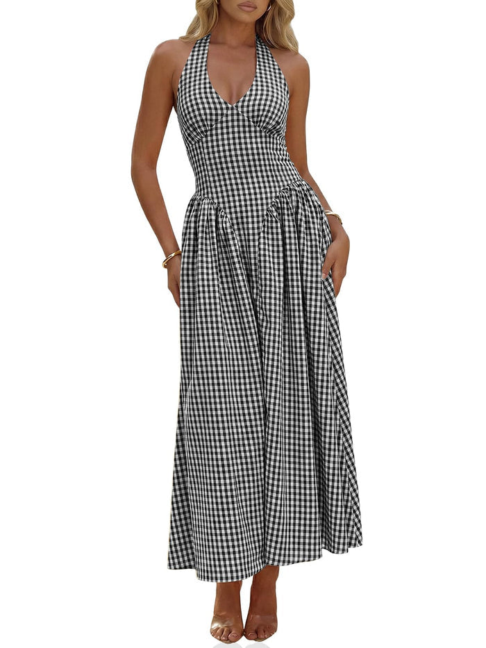Wenrine Womens Halter V Neck Corset Maxi Dresses Summer Plaid Smocked Dress