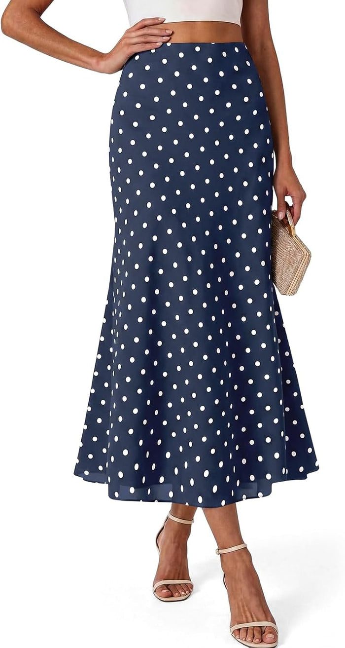 Wenrine Womens Polka Dot Midi Skirt Summer Mesh Elastic A Line Long Skirts