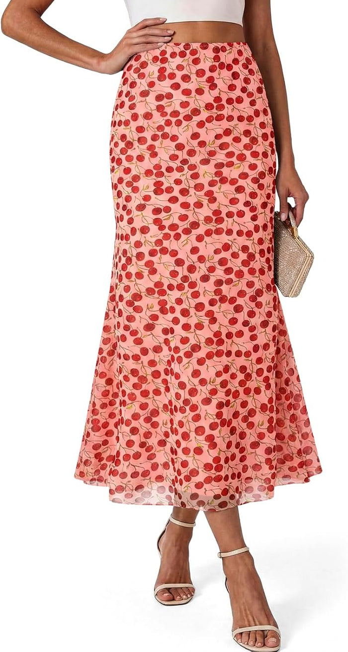 Wenrine Womens Polka Dot Midi Skirt Summer Mesh Elastic A Line Long Skirts