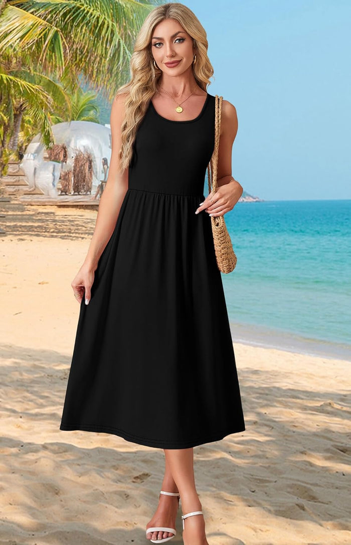 WIHOLL Summer Dresses for Women Flowy Casual Midi Dress Beach Vacation Sundresses with Pockets