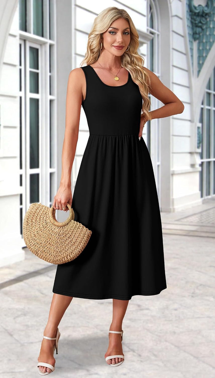 WIHOLL Summer Dresses for Women Flowy Casual Midi Dress Beach Vacation Sundresses with Pockets