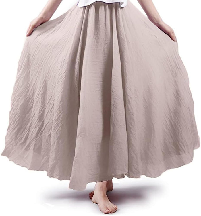 Women Bohemian Style Elastic Waist Band Cotton Linen Long Maxi Skirt Dress