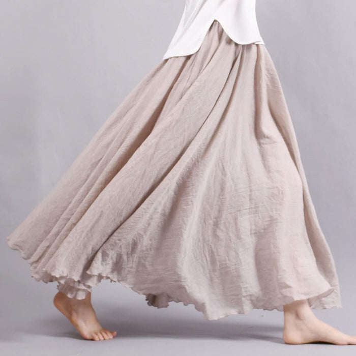 Women Bohemian Style Elastic Waist Band Cotton Linen Long Maxi Skirt Dress