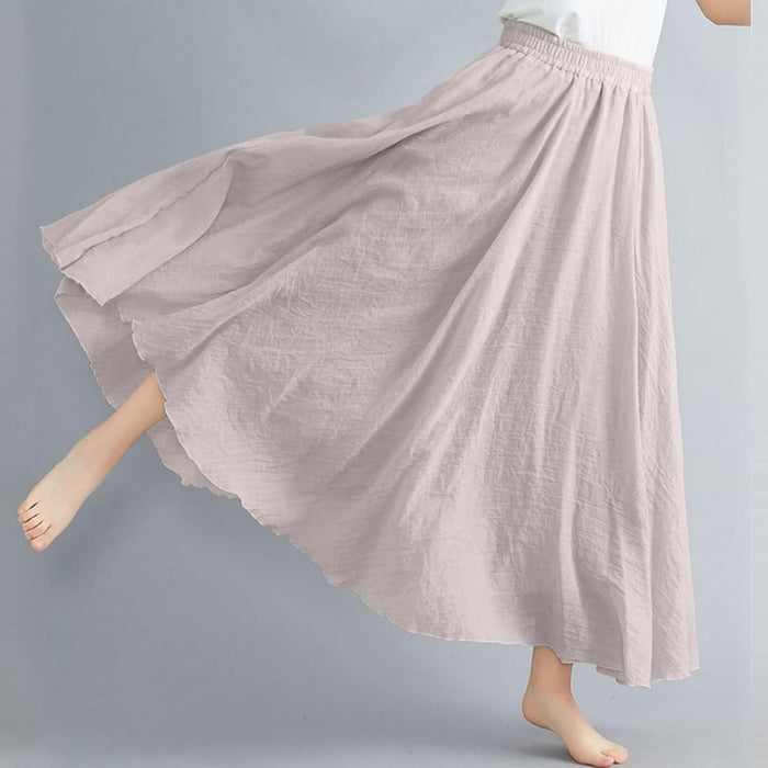 Women Bohemian Style Elastic Waist Band Cotton Linen Long Maxi Skirt Dress