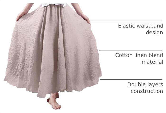 Women Bohemian Style Elastic Waist Band Cotton Linen Long Maxi Skirt Dress