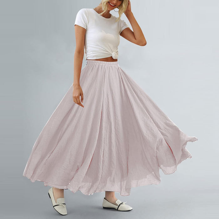 Women Bohemian Style Elastic Waist Band Cotton Linen Long Maxi Skirt Dress