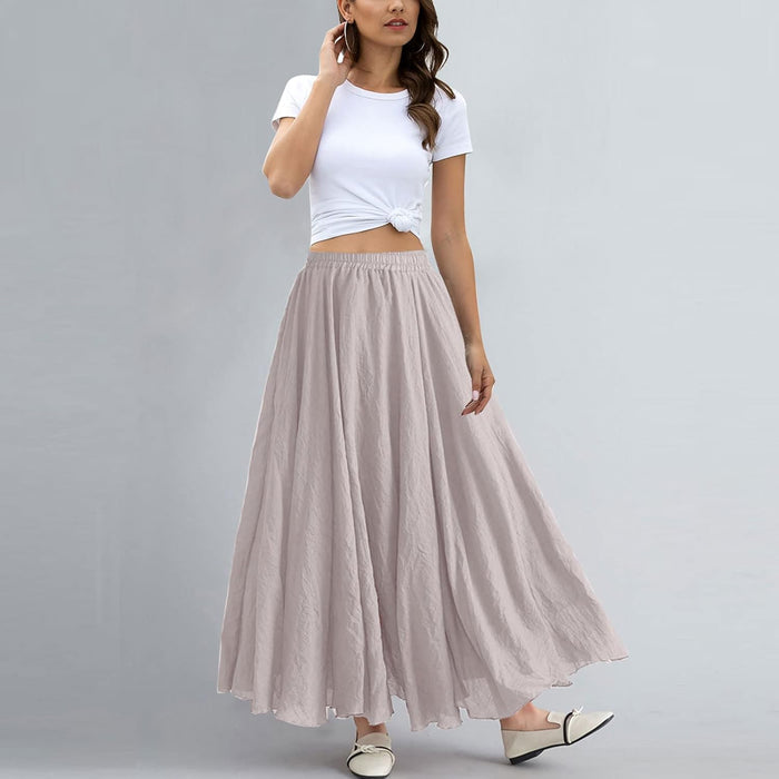 Women Bohemian Style Elastic Waist Band Cotton Linen Long Maxi Skirt Dress