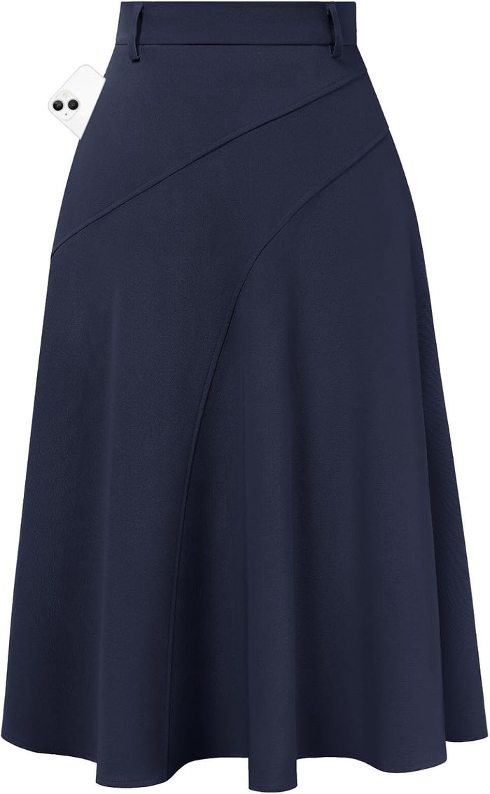 Women's Business Casual Midi Skirt, High Waist Flowy Skirts with Pockets