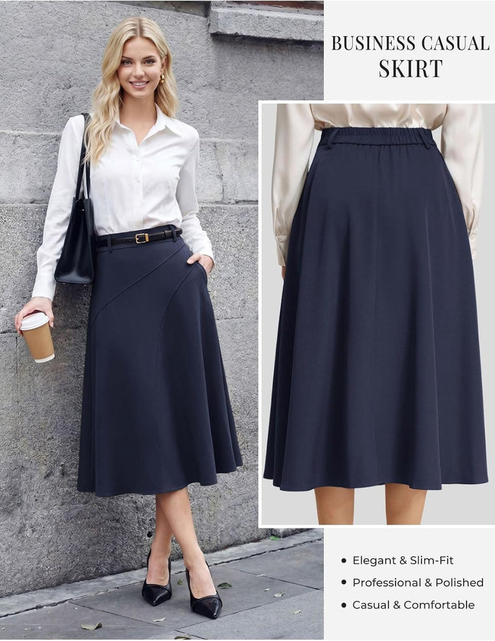 Women's Business Casual Midi Skirt, High Waist Flowy Skirts with Pockets
