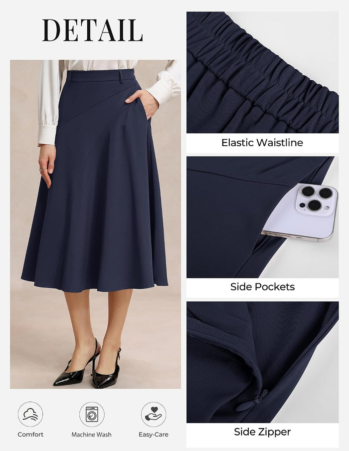 Women's Business Casual Midi Skirt, High Waist Flowy Skirts with Pockets