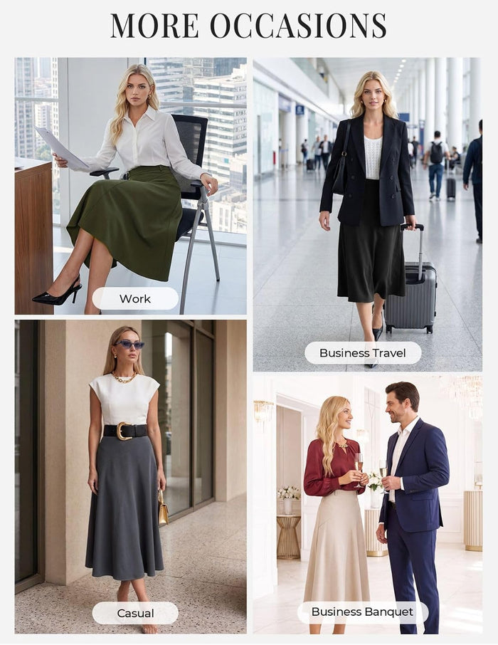 Women's Business Casual Midi Skirt, High Waist Flowy Skirts with Pockets