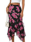 Women's Floral Mesh Midi Skirt High Waist Fishtail Flowy Skirt