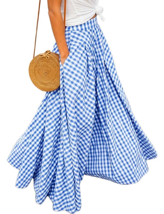 Women's Gingham Plaid Maxi Skirt High Waist A-Line Pleated Long Skirt