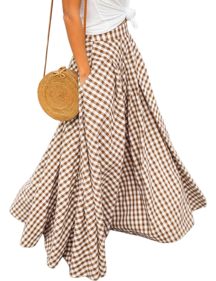 Women's Gingham Plaid Maxi Skirt High Waist A-Line Pleated Long Skirt