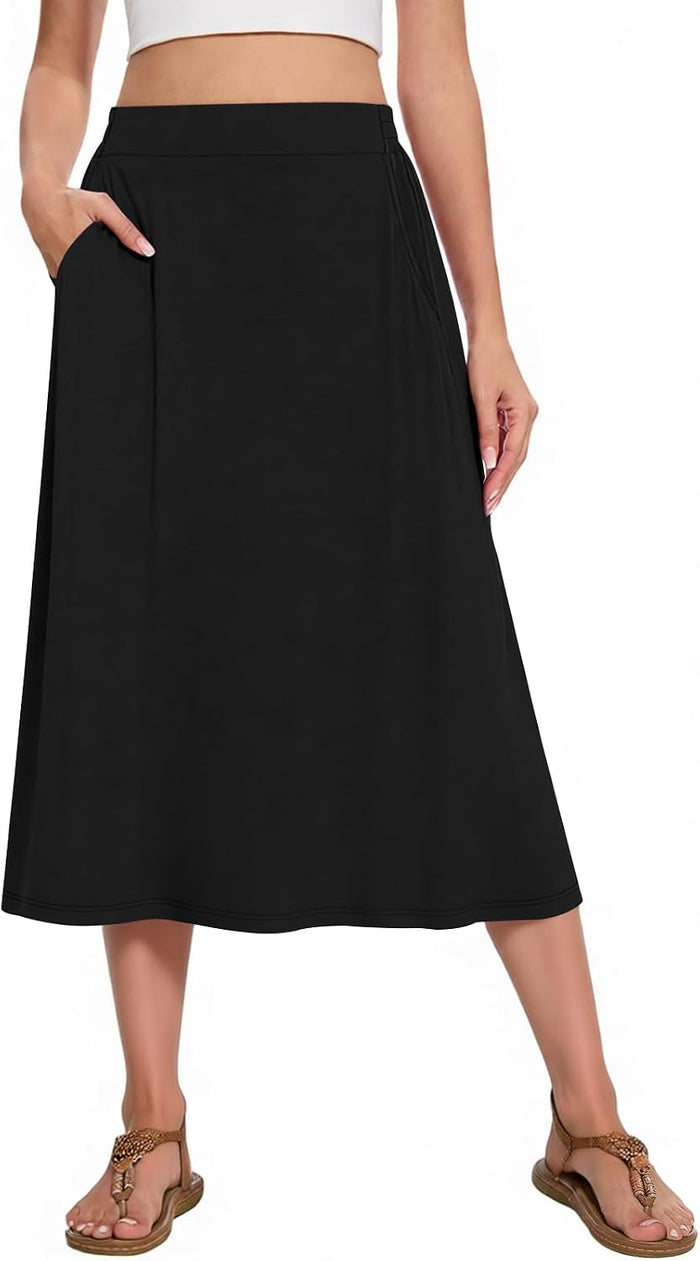 Women's Midi A-Line Skirts Summer Flowy 2026 Elastic High Waisted Casual Skirt with Pockets