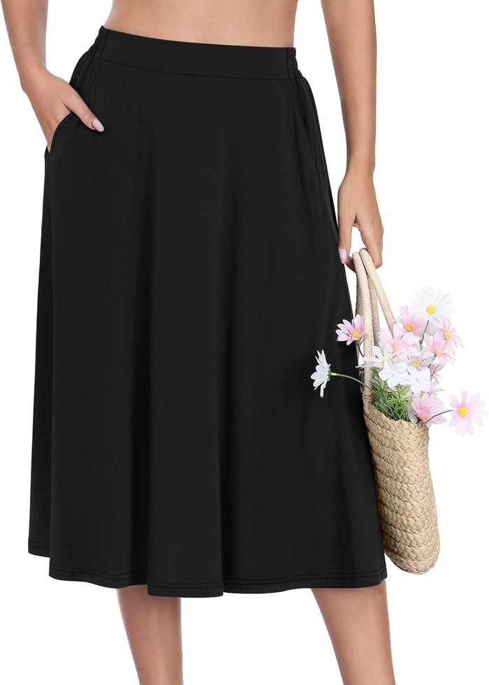 Women's Midi A-Line Skirts Summer Flowy 2026 Elastic High Waisted Casual Skirt with Pockets