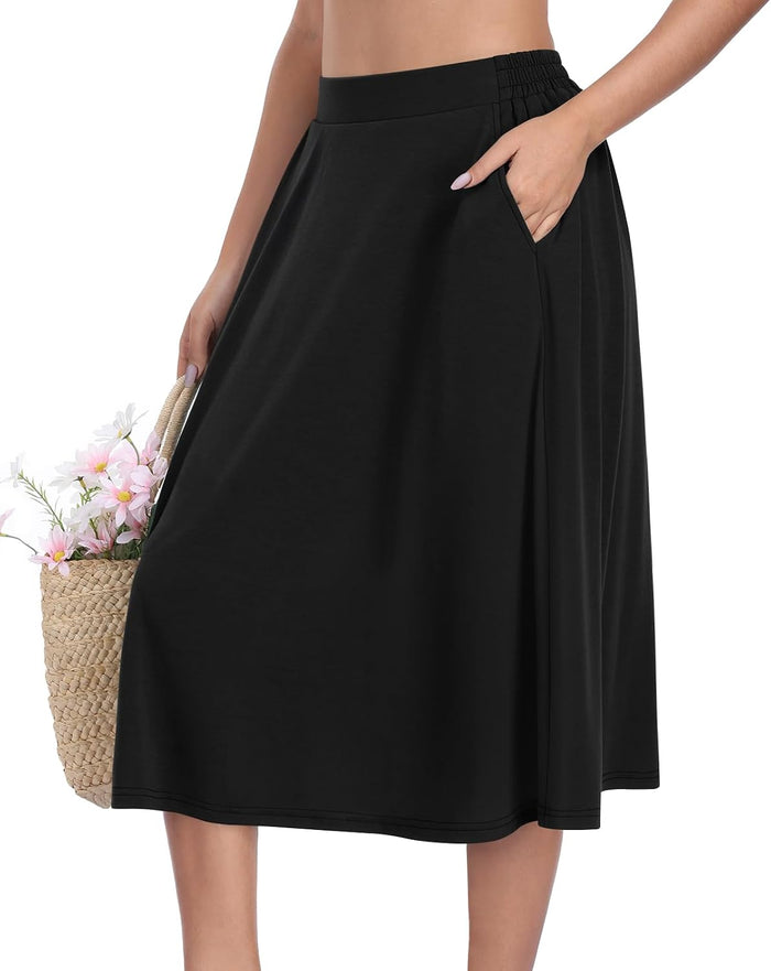 Women's Midi A-Line Skirts Summer Flowy 2026 Elastic High Waisted Casual Skirt with Pockets
