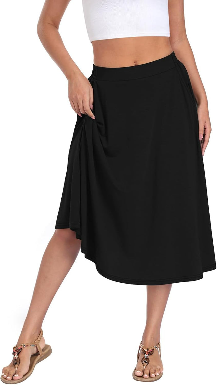 Women's Midi A-Line Skirts Summer Flowy 2026 Elastic High Waisted Casual Skirt with Pockets