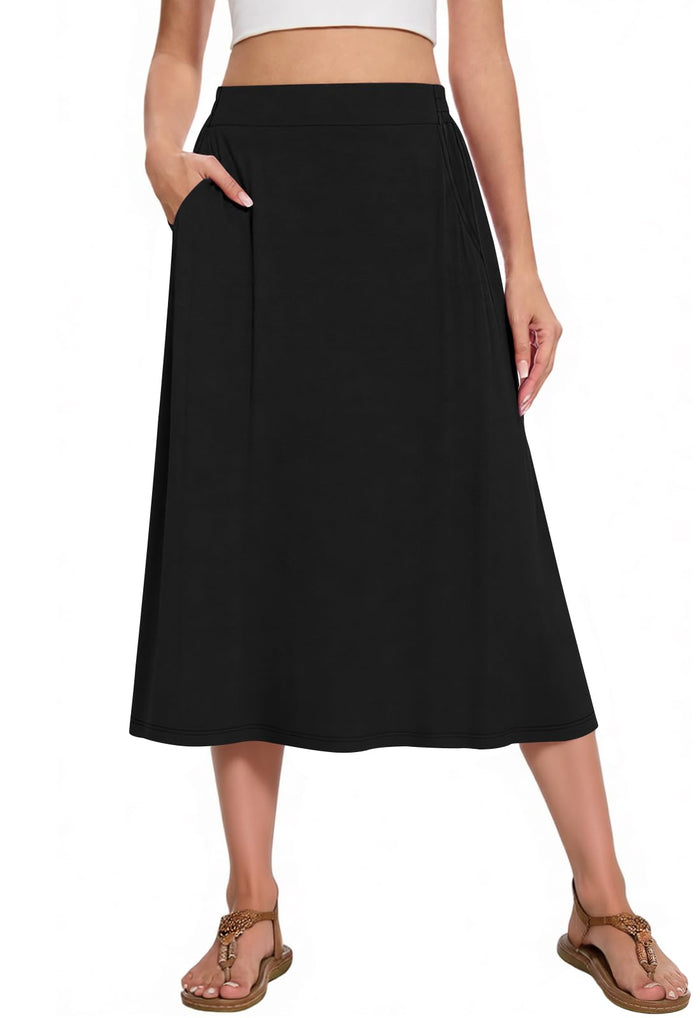 Women's Midi A-Line Skirts Summer Flowy 2026 Elastic High Waisted Casual Skirt with Pockets