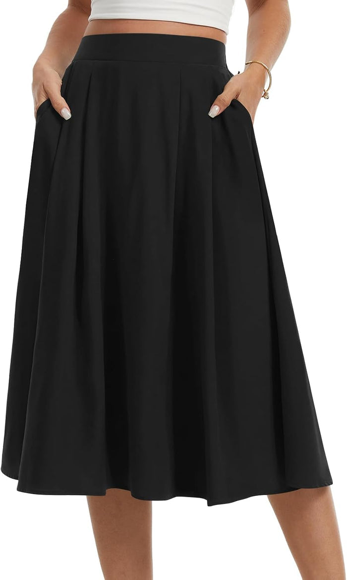 Womens Midi Flowy Skirts A-Line Casual Skirt with Pockets S-2XL