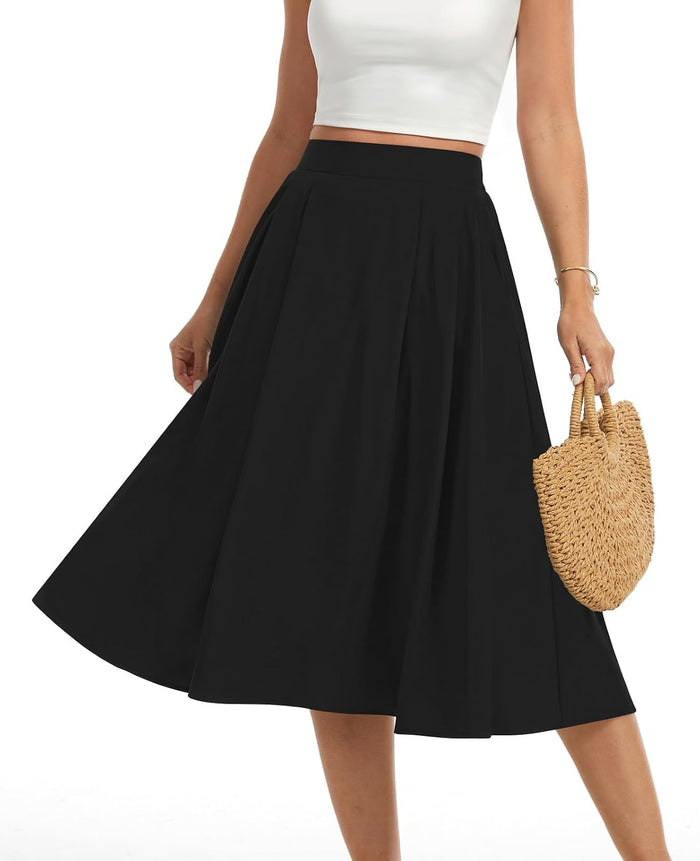 Womens Midi Flowy Skirts A-Line Casual Skirt with Pockets S-2XL