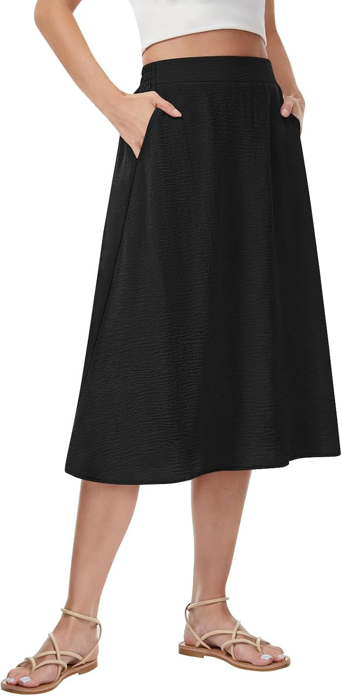 Womens Midi Skirt Summer A-Line Flowy Pleated High Waist Skirts