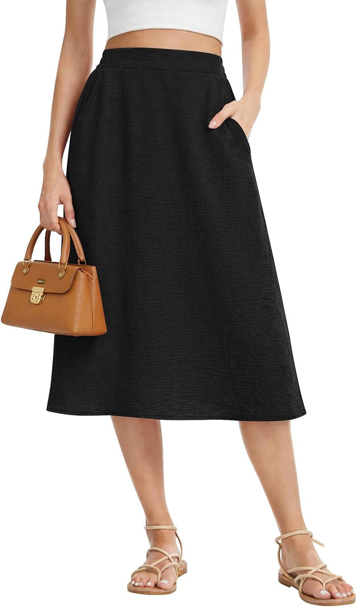 Womens Midi Skirt Summer A-Line Flowy Pleated High Waist Skirts
