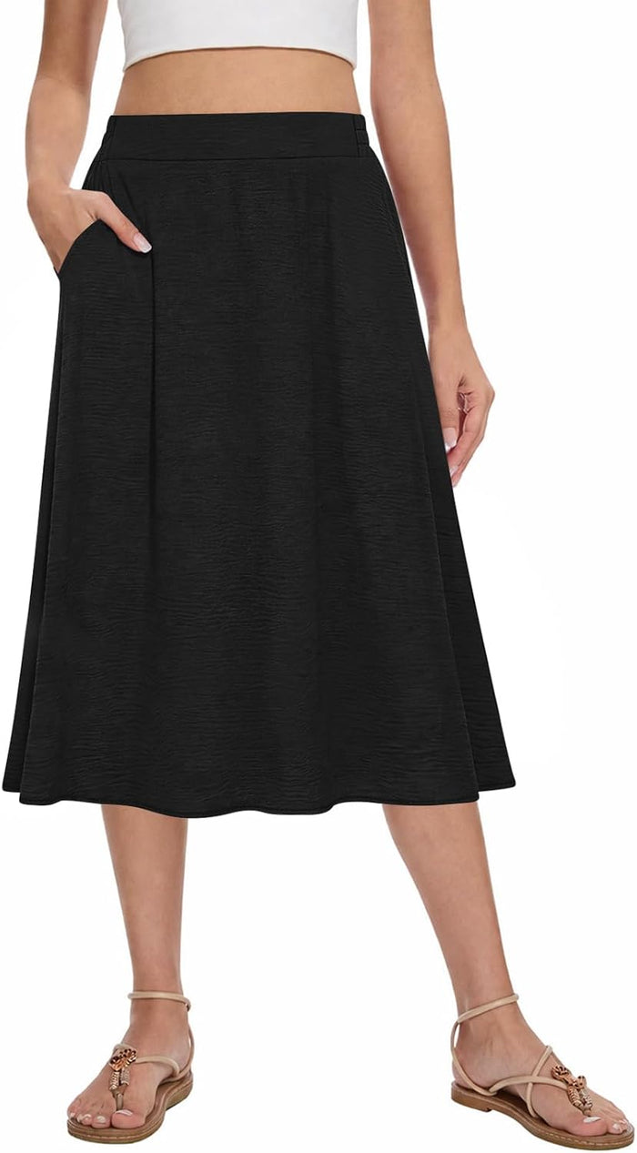 Womens Midi Skirt Summer A-Line Flowy Pleated High Waist Skirts