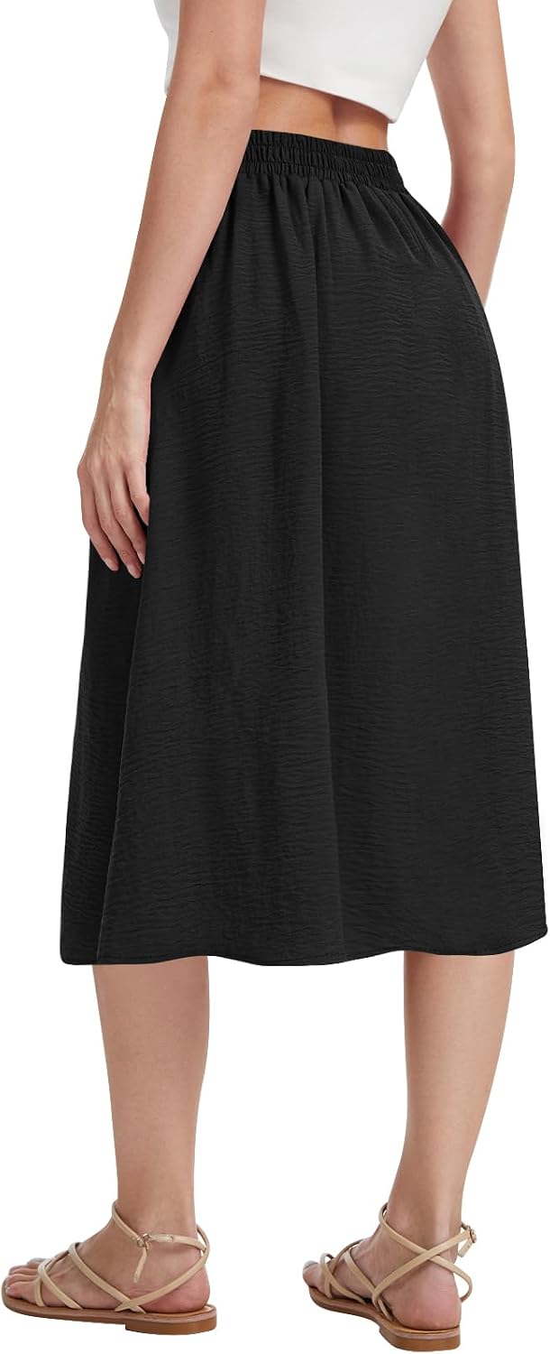 Womens Midi Skirt Summer A-Line Flowy Pleated High Waist Skirts