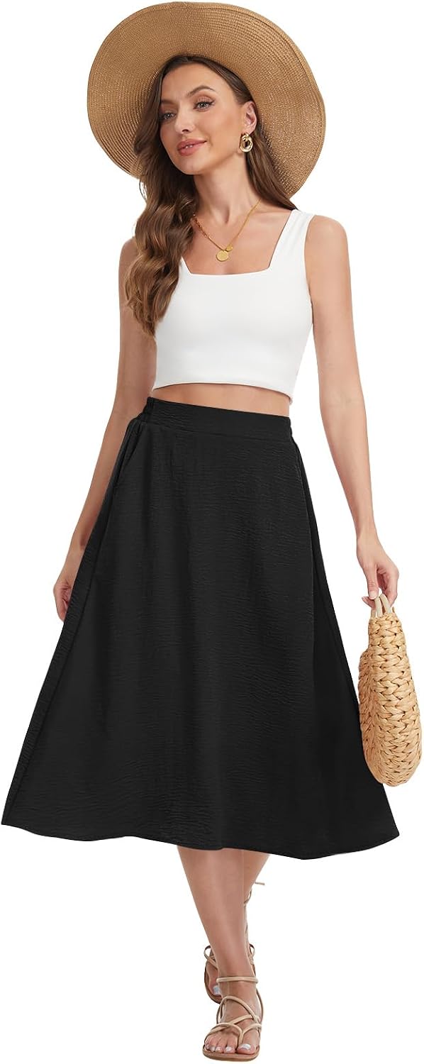 Womens Midi Skirt Summer A-Line Flowy Pleated High Waist Skirts